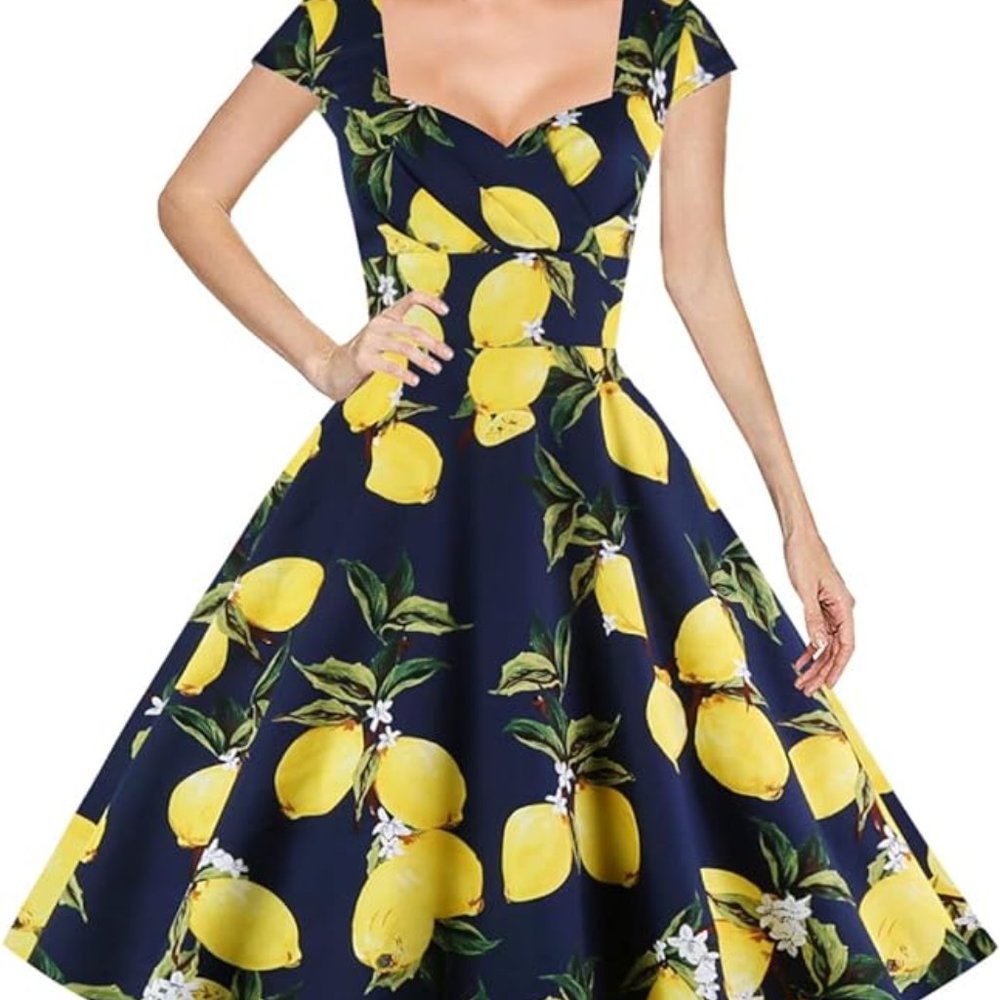 Retro Vintage Cocktail Capped Sleeve Lemon Swing Dress w/pockets